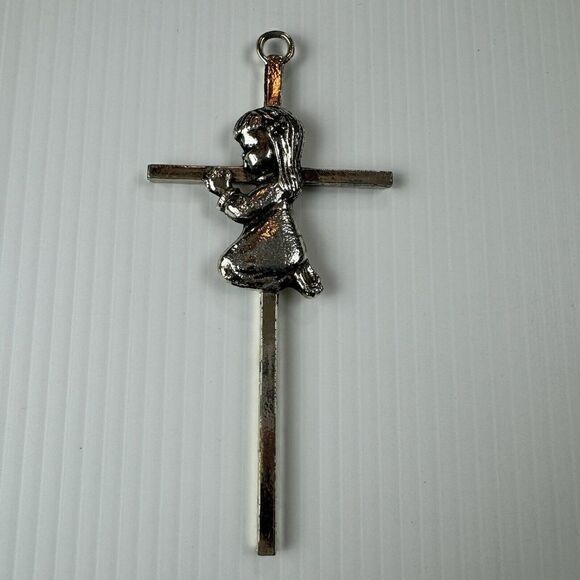 Silver Tone Hanging Nursery Wall Cross With Praying Girl On Knees 6” - Picture 13 of 13